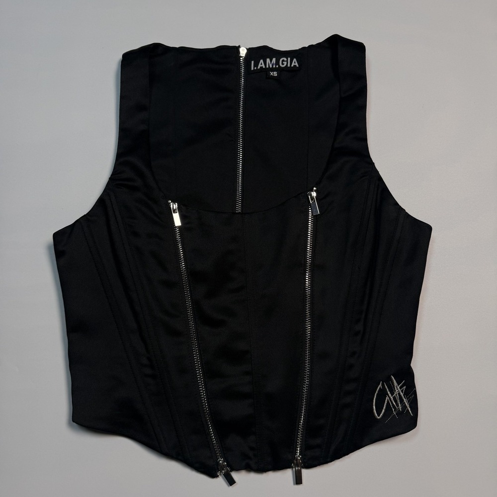 I.AM.GIA Corset Top Womens XS Black Satin Zip Front Boned Logo Embroidered Hem